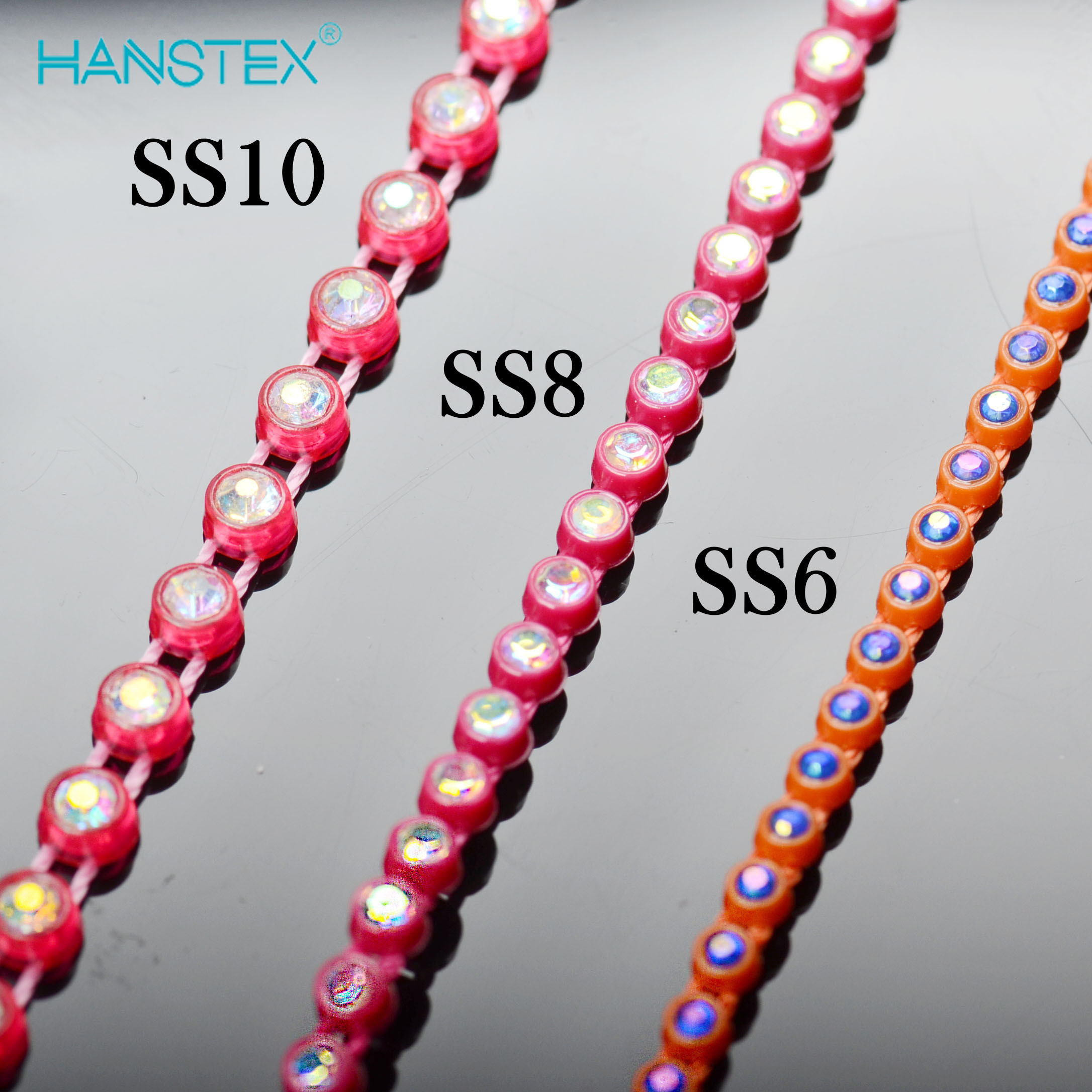 Factory Wholesale Ab Color 2mm Ss6 Round Shape Plastic Rhinestone Chain Trim Plastic Trimming